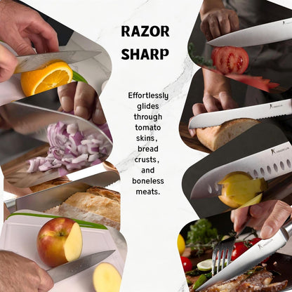 Kangdelun Ultra Sharp 14-Piece Kitchen Knife Set, High Carbon Stainless Steel Blades, Torrefied Brown Wood Handles, Ergonomic Design, Space-Saving Black-Finished Wood Block, Easy Hand Wash, Gift Box