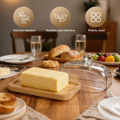 RingsTown‌ wide butter dish with glass lid with Easy-Grip Handle Lid & Natural Bamboo Base - Airtight Seal for Butter Storage Box for Kitchen Countertop and Dining Table to Keep Butter Fresh.