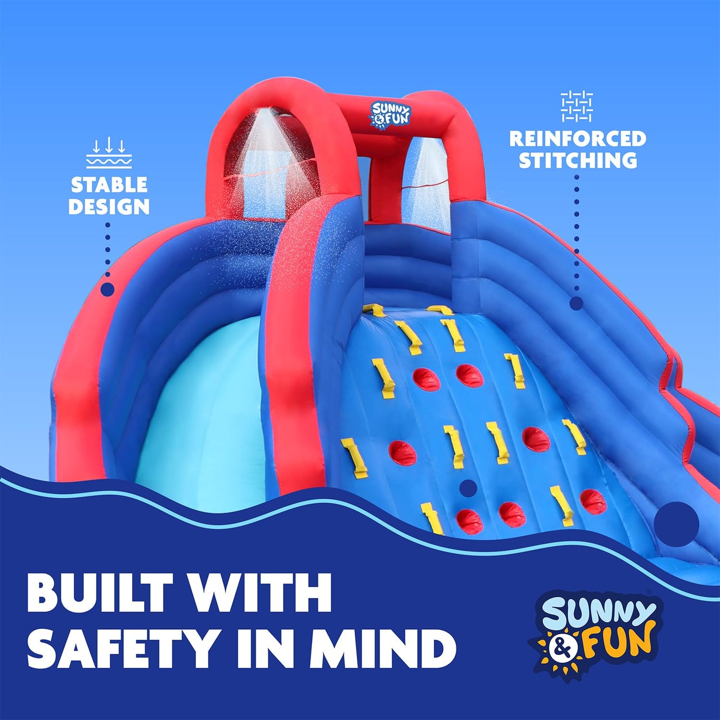 Sunny & Fun Ultra Climber Inflatable Water Slide Park – Heavy-Duty for Outdoor Fun - Climbing Wall, Two Slides & Splash Pool – Easy to Set Up & Inflate with Included Air Pump & Carrying Case