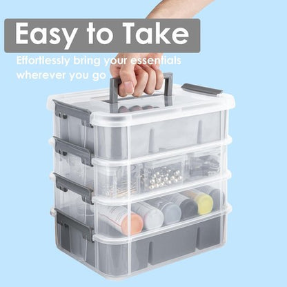 CraftGenes Modern Plastic Storage Box - 4-Layer Durable Organizer with 2 Removable Trays for Crafts & Office Supplies