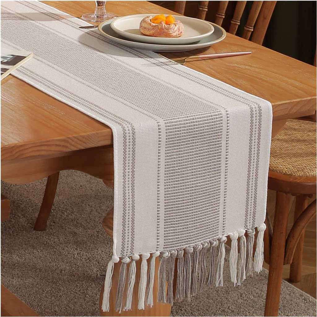 13 72 Inch Caflife Boho Table Runner Natural Stripe for Modern Farmhouse Coffee Table Decor, Rustic Woven Runner