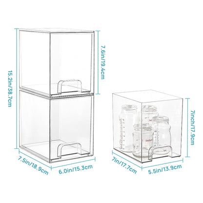 Vtopmart 7.6" H Clear Stackable Storage Drawers, 4 Pack Plastic Organizers Bins for Skincare, Cosmetics,Beauty Supplies,Ideal for Vanity, Bathroom,Kitchen Countertop,Cabinet Organization