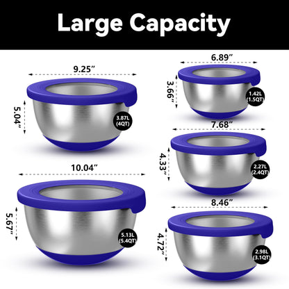 KITEISCAT Stainless Steel Mixing Bowls with Lids – Set of 5 Large Nesting Metal Bowls for Kitchen, Baking, Cooking, Food Prep & Storage, Non-Slip Base, Dishwasher Safe,Blue