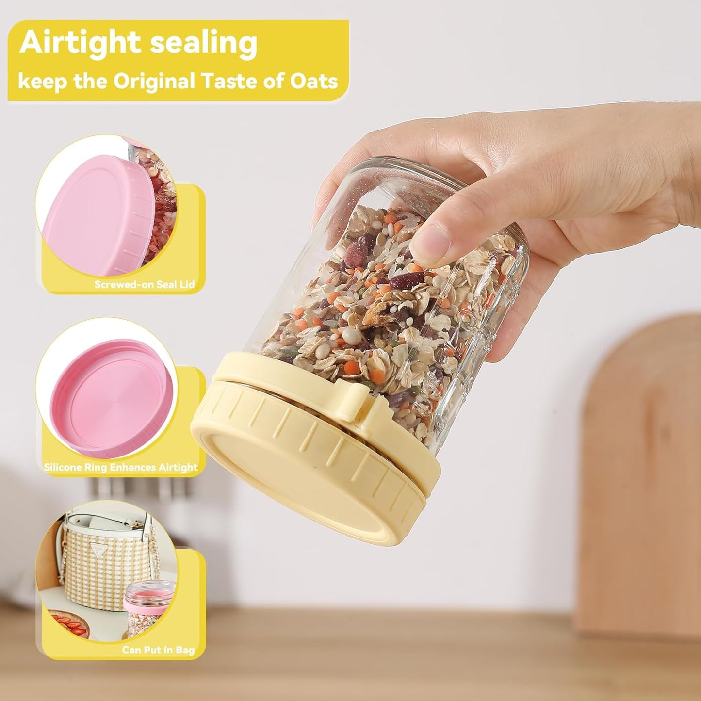 6 Pack Spoons,16 Oz (3 novelinks Overnight Oats Containers with Lids and Mason Jars, Leak Proof Overnight Oats Jars