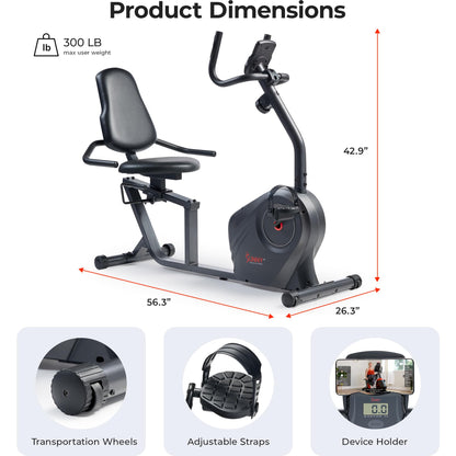 Sunny Health & Fitness Heavy-Duty Recumbent Smart Bike, Wide Cushioned Seat & Back, Cycling Workout Machine, Bicycle Exercise for Adult/Seniors at home, Free SunnyFit App - SF-RB4616SMART