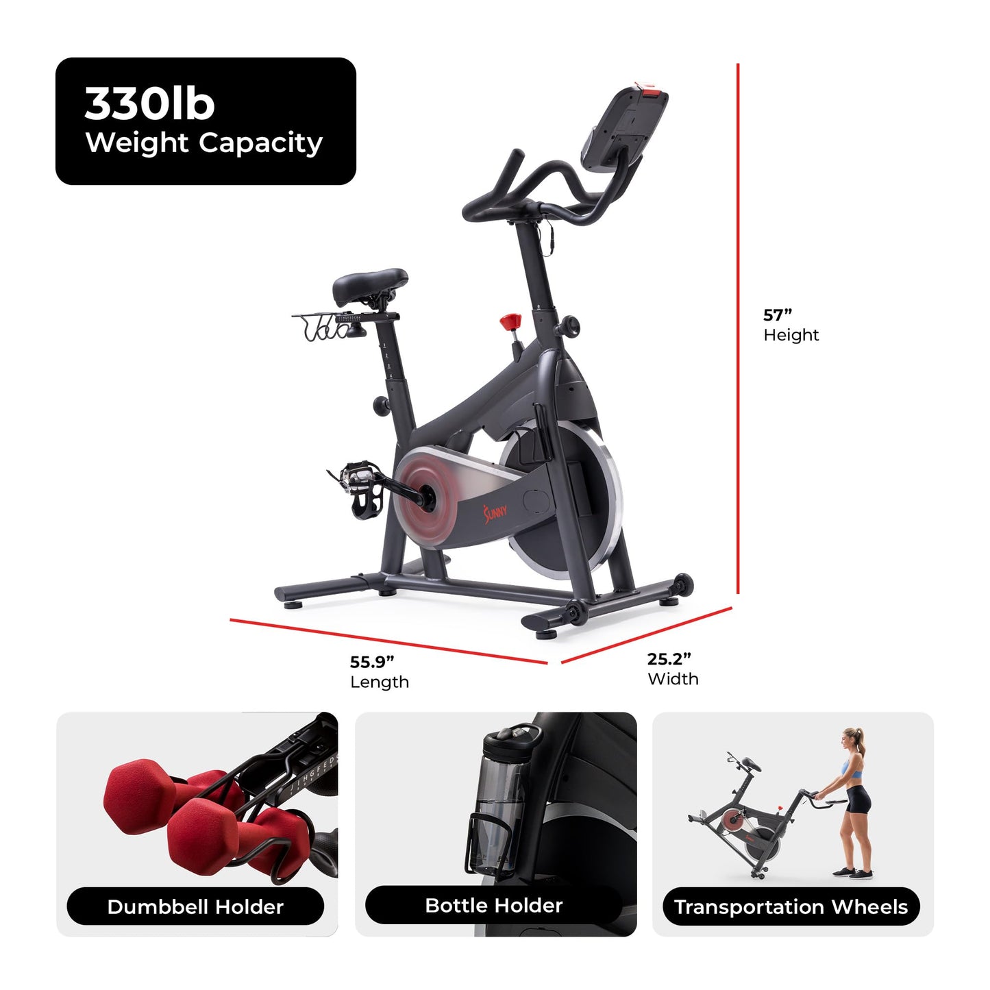Sunny Health & Fitness PACE 300 Smart Magnetic Indoor Cycling Bike, Quiet Exercise for Home Gym Cardio Training, Ultimate Fit with Adjustable handle & seat, Free SunnyFit App Connection - SF-B124068