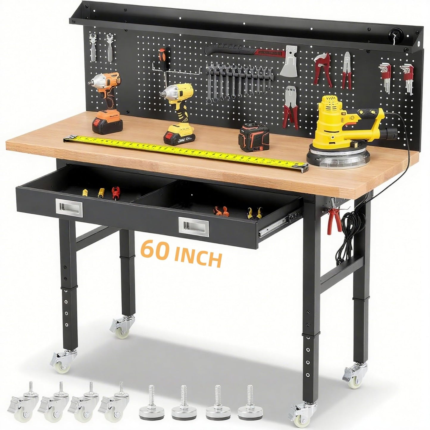 ENJOYWOOD Work Bench with Wheels 60 x 22 Inch Heavy Duty Rubberwood Tabletop Work Table Adjustable Height Garage Workbench with LED, Drawers, Pegboard, Power Outlets for Woodworking Shop, Home, Office