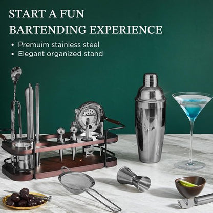 KITESSENSU Cocktail Shaker Set Bartender Kit with Stand | Complete 24-Piece Bar Set Cocktail Kit with All Bar Accessories, Black