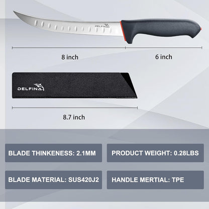 DELFINA Curved Breaking Knife 8 inch with Sheath & SoftGrip Handle, Butcher Knife for Meat Cutting, High Carbon