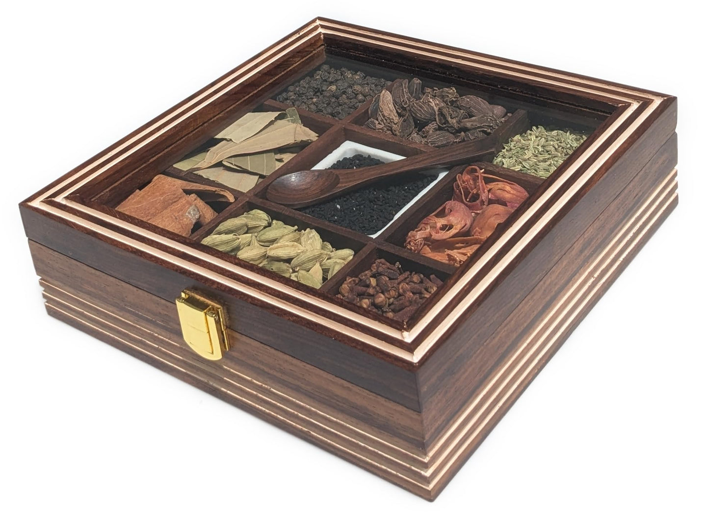 AB Handicrafts Premium Wooden Spice Box with Glass Lid – 9 Compartment Masala Organizer for Kitchen Countertop Storage