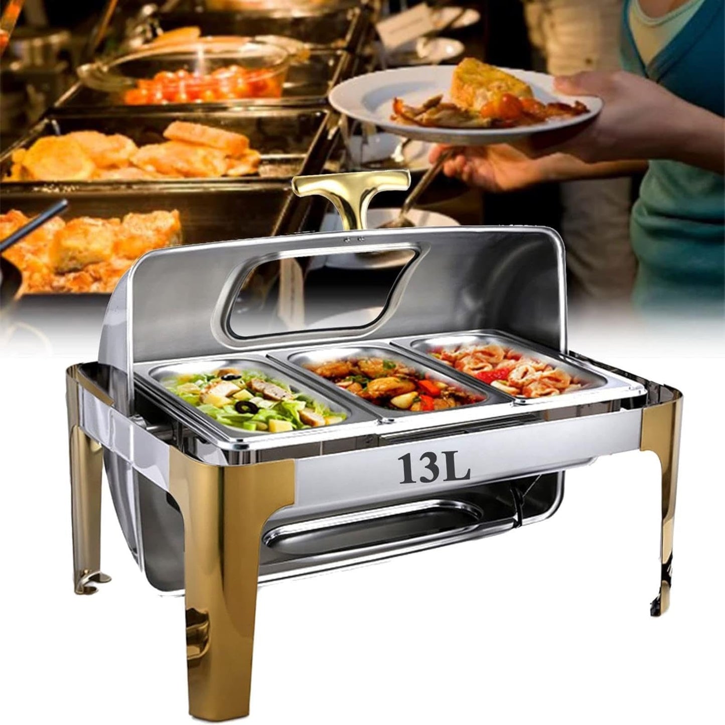 Food Warmer Buffet Server, Electric Chafing Dish Buffet Warmer with Rolling Top, Buffet Server Catering Chafer Warmer (1/3 Pan 13L)