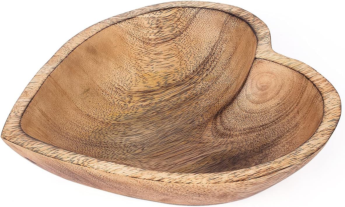 WitnyStore 8" Heart Shaped Wood Bowl, Brown, Handcrafted Wooden Serving Tray, Functional Decorative Tableware for