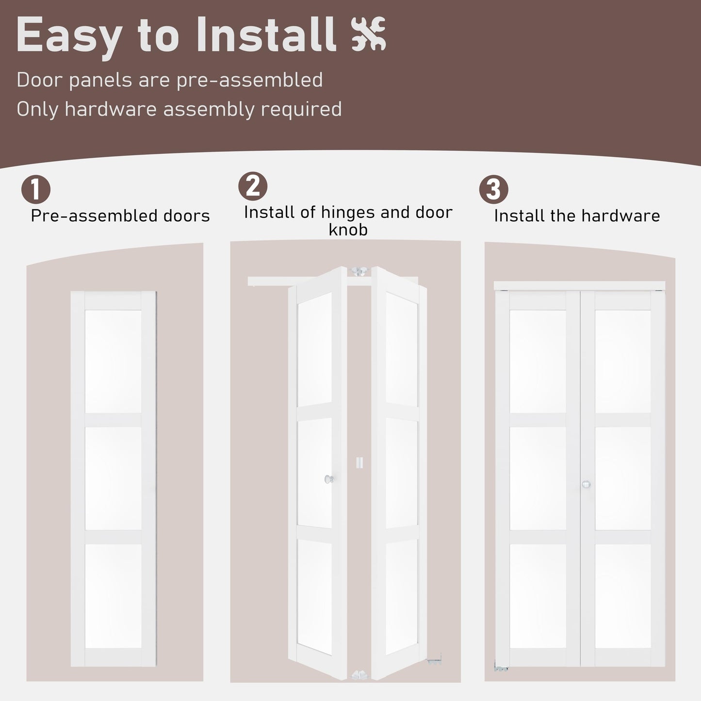 ARKHJEM Bifold Closet Door for 60" x 80" Opening, 3 Lite Closet Folding Door with Concealed Hardware Kit, MDF, Pre-Assembled, White Interior Doors