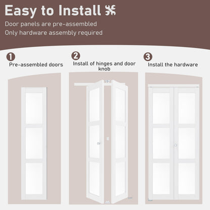 ARKHJEM Bifold Closet Door for 60" x 80" Opening, 3 Lite Closet Folding Door with Concealed Hardware Kit, MDF, Pre-Assembled, White Interior Doors