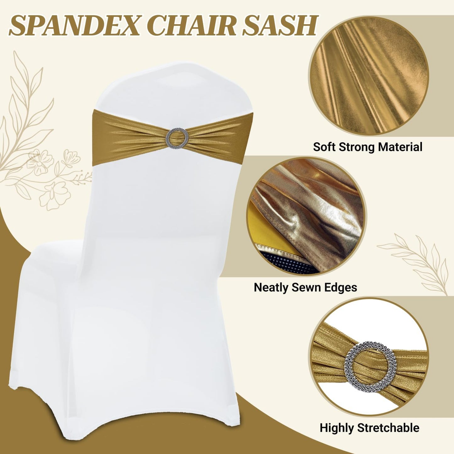 MDS Spandex Foil Chair Sashes - Universal Elastic Stretch Bands with Buckle for Weddings | Metallic Gold - Pack of 10