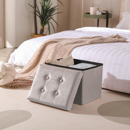 PRANDOM Ottoman with Storage [1-Pack], Velvet Folding Small Square Foot Stool with Lid for Living Room Bedroom, Light
