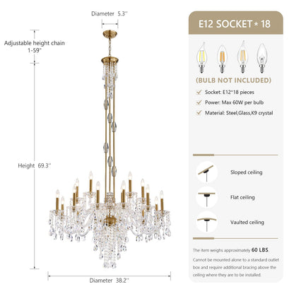 Duluyiee 18-Light Crystal Candle Chandelier, Brass Gold Chandelier for Foyer, Staircase & High Ceiling Living Room, Adjustable Height, E12 Base