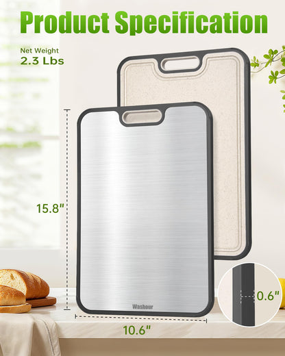 Washour Titanium Cutting Boards for Kitchen, Non Toxic 2-in-1 Cutting Board Double Sided, Food Grade Chopping Boards for Fresh Meat Vegetable, Easy to Clean Large Size 16”×11”