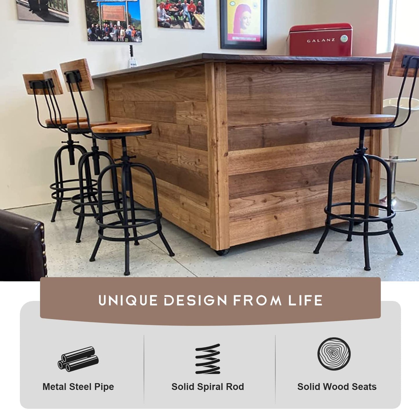 3-Piece Bar Height Table & Stools Sets for Cocktail Bistro Home Pub Party, Weld Metal Legs Round Wood Top, Rustic Brown Industrial Black Adjustable Swivel (1×38.6"-48.4" Table, 2×26"-32" Stool)