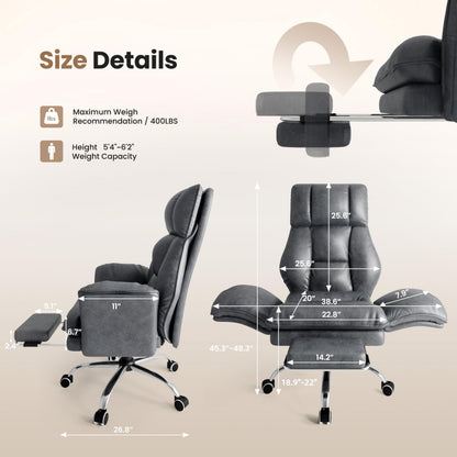 Big and Tall Office Chair, Flip Armrests for Pets & Cross Legged Sitting, Executive Ergonomic Computer Gaming Chair with Foot Rest, Teddy Fleece Wide Seat Reclining Desk Chair, White Vanity Chair