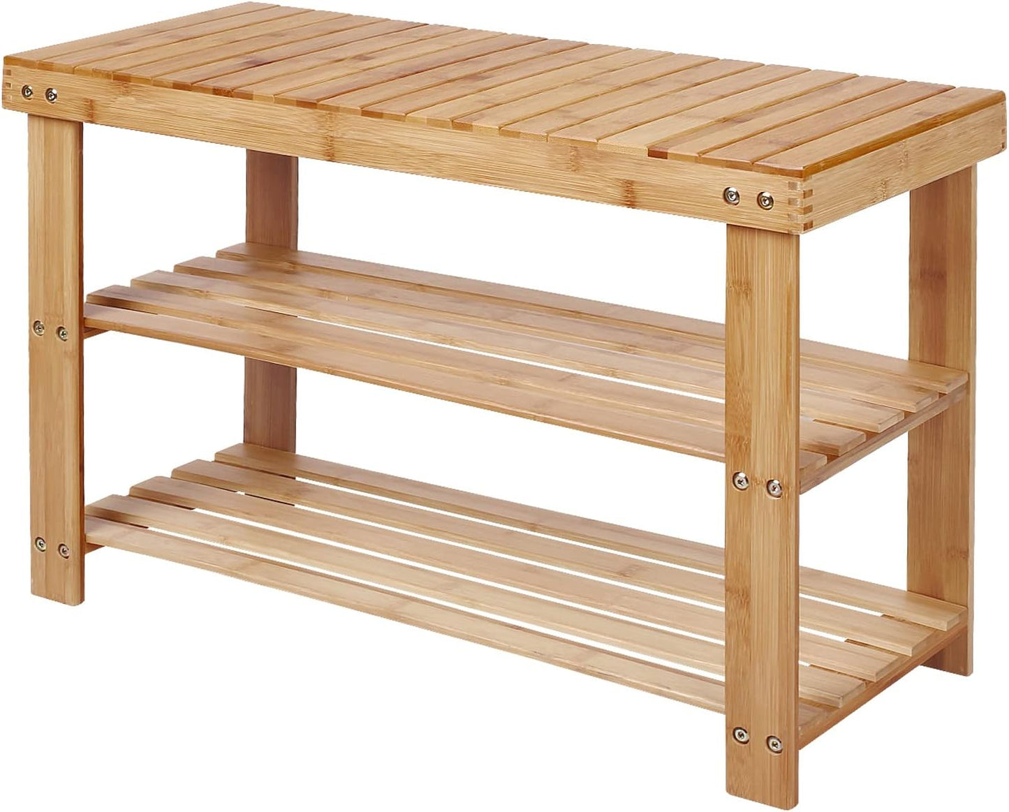 PUPL 3 11.2inchD 27.5inchW 17.9inchH Tier Bamboo Shoe Bench, Entryway Bench Shoe Rack Organizer for Bedroom Living Room