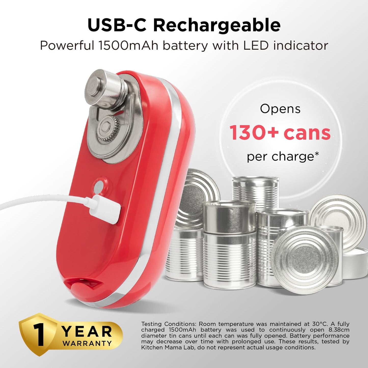 Kitchen Mama Mini Plus Rechargeable Electric Can Opener: USB-C Charging, Hands-Free, Auto Stop, Compact, Cordless, Smooth Edge - Perfect for Seniors with Arthritis, Home, and Travel (Red)