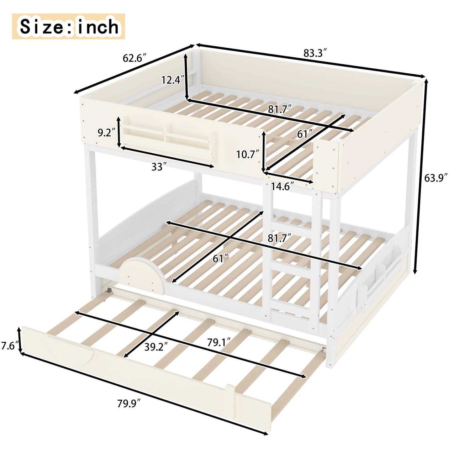 KEIKI Queen Over Queen Size Bunk Bed with Trundle, Pine Solid Wood Triple Bunk Beds Frame with Bookshelf, Guardrail, Slat and Ladders, Automobile Form Design bunkbed for Kids Teens & Adults