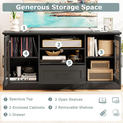 LDAILY 63" Farmhouse TV Cabinet, TV Console Table w/ 2 Side Cabinets & Drawer & Cable Management Holes, Modern TV Stand for TVs up to 70", Entertainment Center for Living Room, Bedroom (Black)