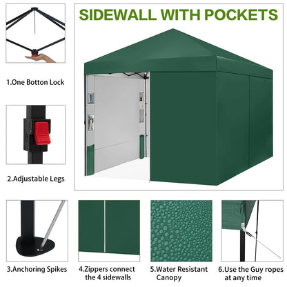 Tunbne 10X10 Comercial Pop Up Canopy Tent with 4 Sidewalls and 6 Pockets, One Push Setup Center Lock, for Beach Patio Outdoor, Case, 8 Stakes, 4 Ropes, 4 Sandbags (Forest Green)