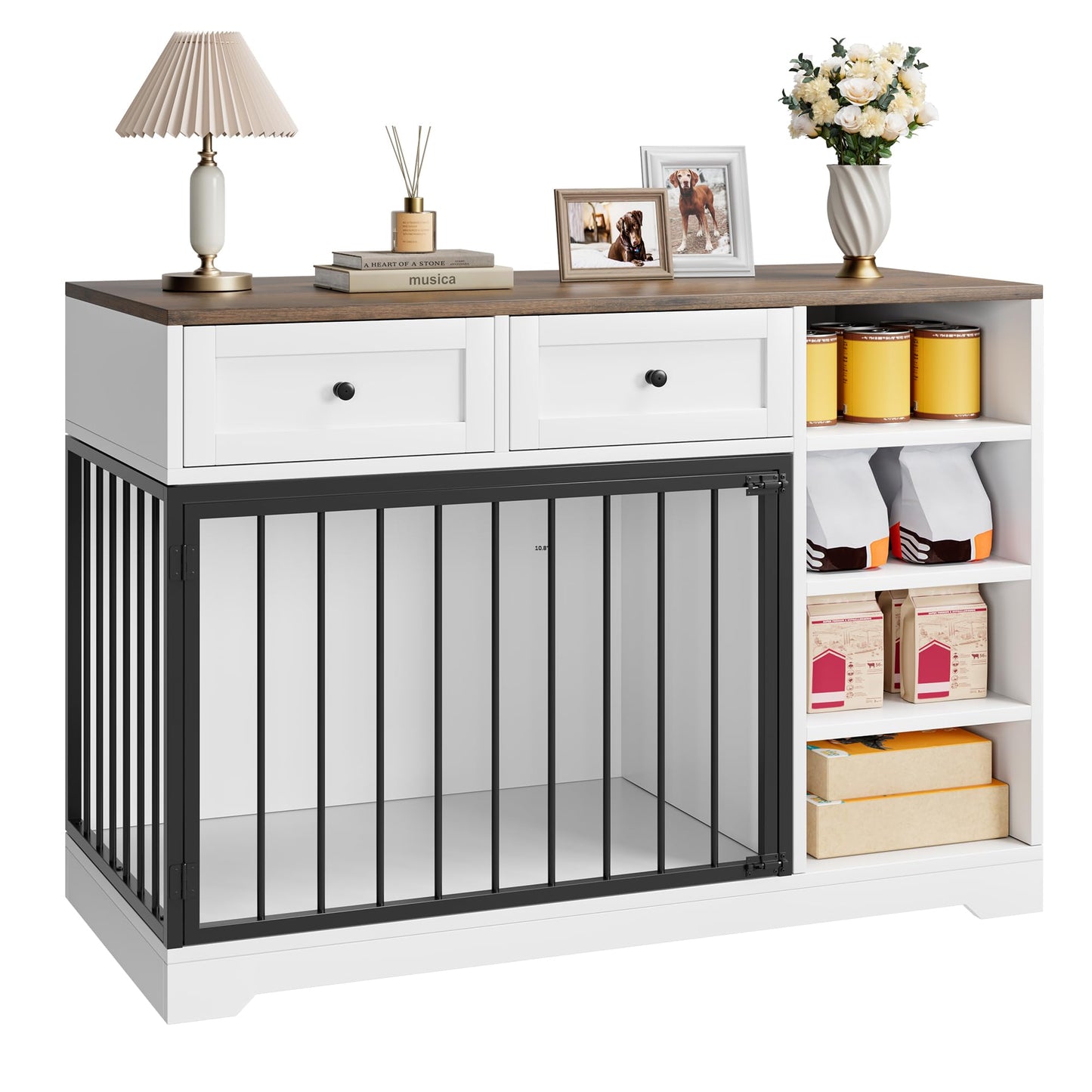 GarveeHome Dog Crate Furniture 47", Large Dog Crate TV Stand with 2 Drawers and 4 Shelves, Wooden Dog Kennel Indoor, Decorative Dog Cage with Storage for Large Dogs, White