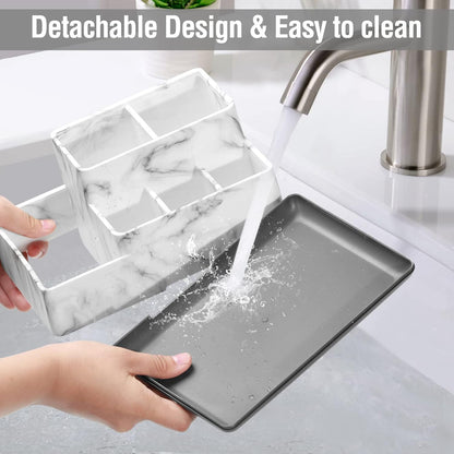 Electric Toothbrush Holder for Bathroom, White Marble Pattern Vanity Organizer Tray, Kids Desk Storage Compartment