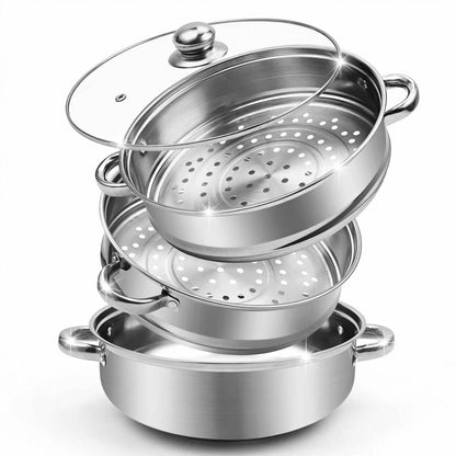 AuFranc® 5 Quart Steamer for Cooking - Stainless Steel Steam Pot with Steamer Basket, Multipurpose Cooking Stock Pot with Tempered Glass Lid, Non-Toxic Cookware for Slow Cooking and Steaming (Silver)