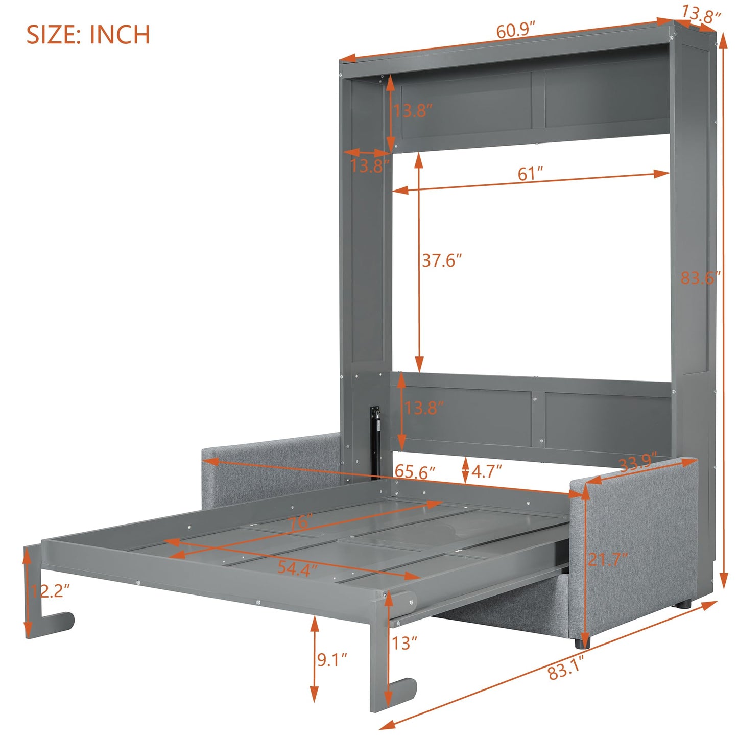 Ball & Cast Murphy Bed Full Size Wall Bed with Sofa,can be Folded,Multifunctional Wood Hideaway Cabinet Bed Frame,Slat Support,Save Space,for Apartment,Guest Room,Gray