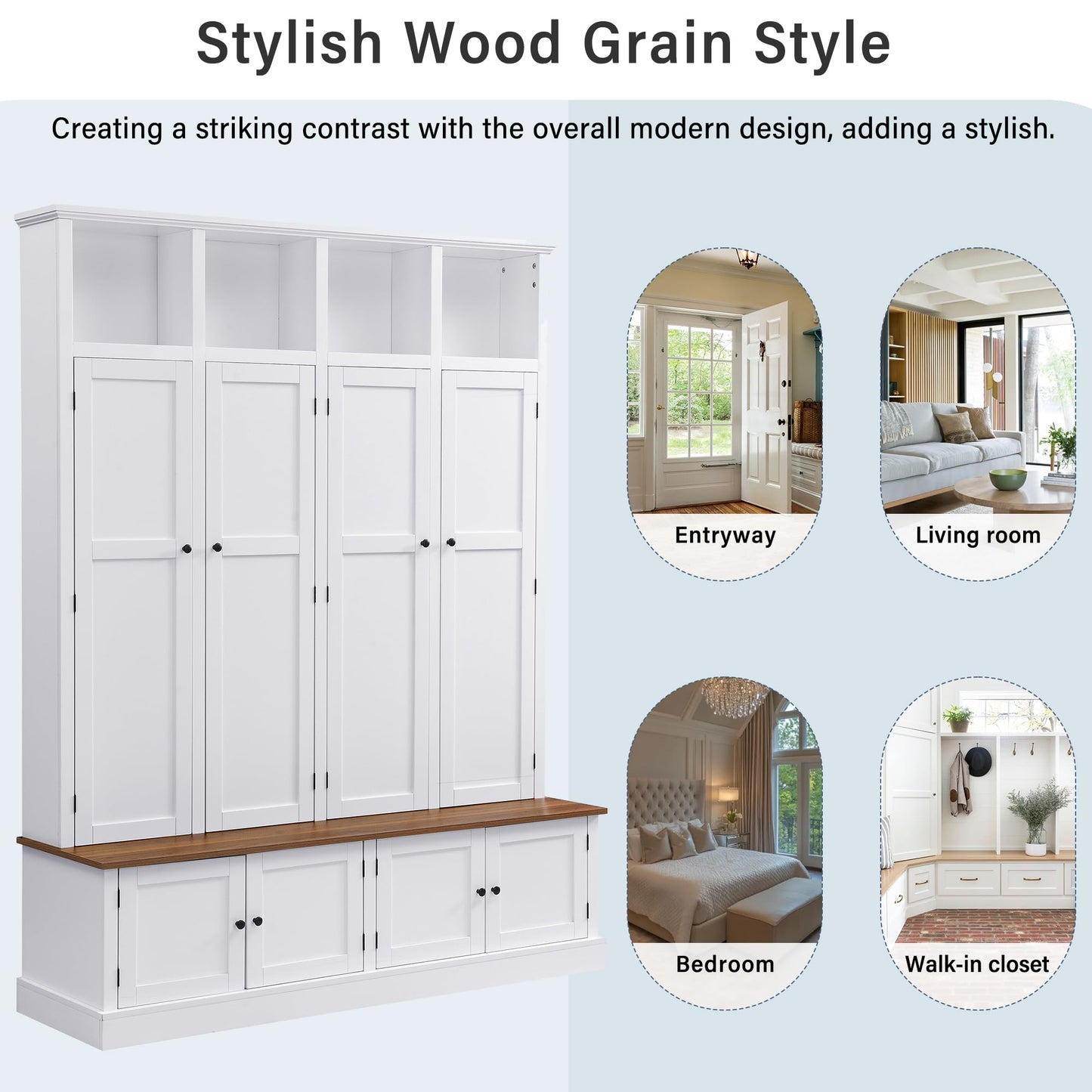 Hall Tree with Bench and Shoe Storage, Entryway Coat Rack with Cabinet, 4-in-1 Mudroom Bench with Hooks and Open Cubbies, Clothes Rack for Hanging Closet, Entryway Organizer for Hallway Living Room,A1