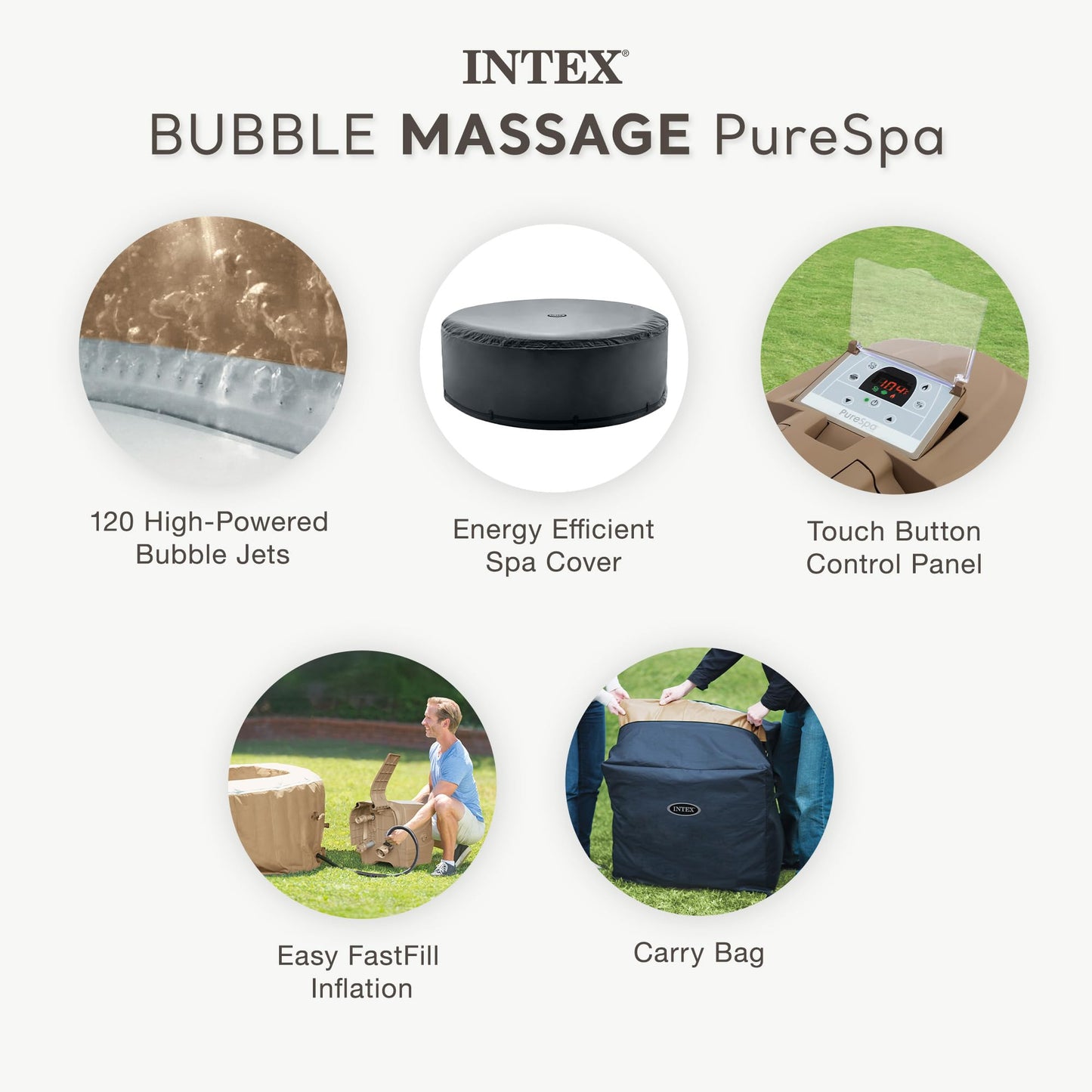 INTEX 28425EP PureSpa Bubble Massage Spa Set: Energy Efficient Spa Cover – Push Button Control Panel – 120 Jets – 4 Person Pool Capacity – 77" x 28"