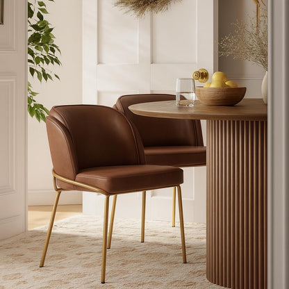 Meridian Furniture 882Brown-C Jagger Collection Modern | Contemporary Dining Chair, Soft Brown Vegan Leather, Brushed Iron Legs, Rounded Double Cushion Back, 22" W x 23" D x 31" H, Brown, Set of 2