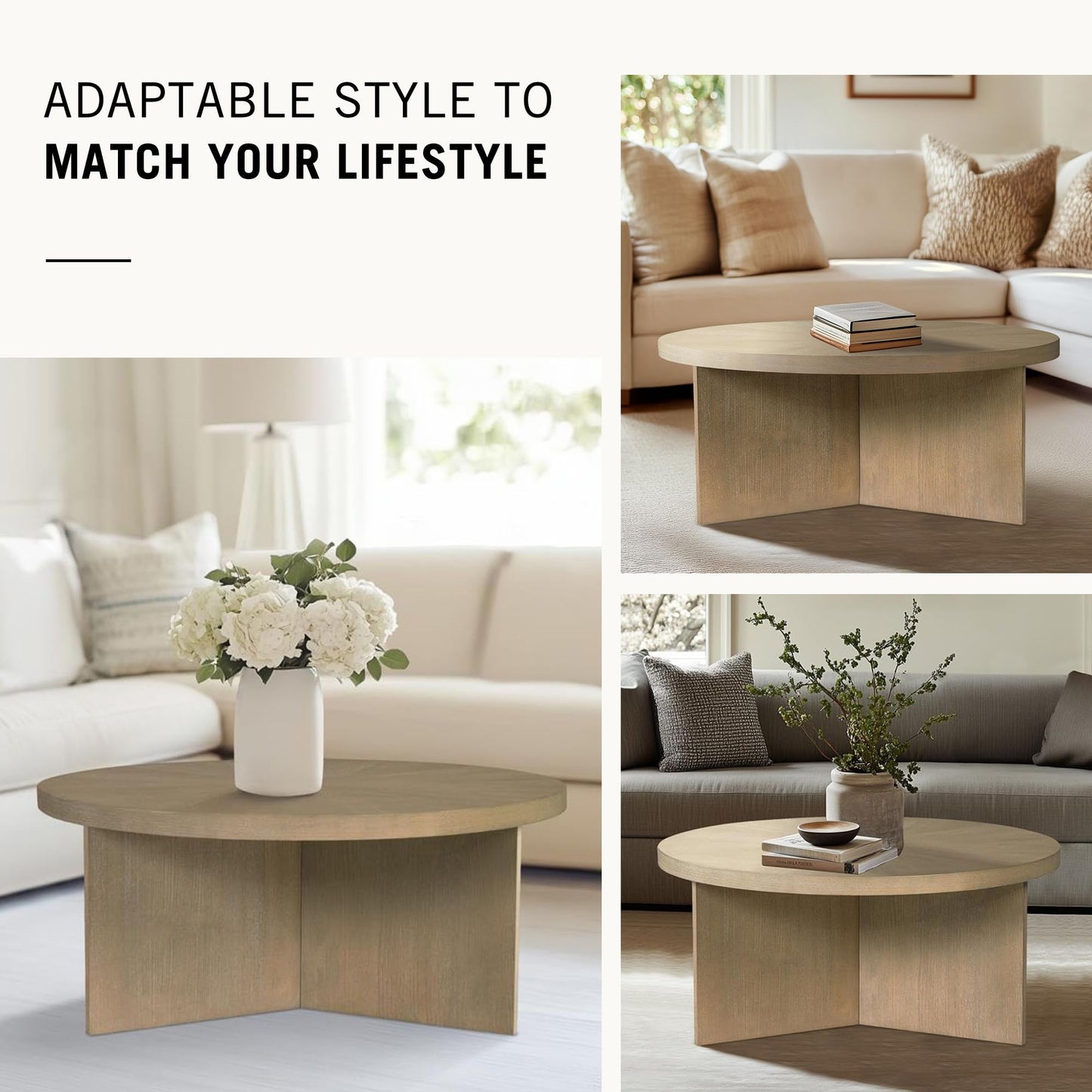 Martha Stewart Sadie Round Coffee Table – Starburst Veneer Top, Reclaimed Greige Wood Finish, Modern Accent for Living Room, Lounge, or Sitting Area, 36" Dia x 16.5" H