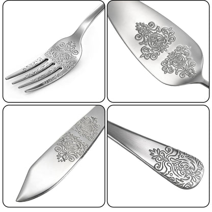 DEAYOU 4 PCS Wedding Cake Knife and Server Set, Stainless Steel Cake Cutting Set with Forks, Engraved Cake Cutter Pie Spatula for Engagement, Anniversary, Birthday, Bride and Groom Gift, Silver