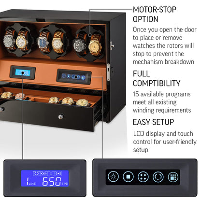 Automatic Watch Winder with 6 Storage Slots, LED Light and Automatic Motor-Stop Option