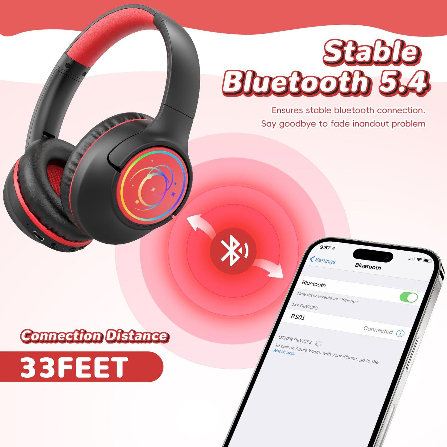 Kids Bluetooth Headphones, 85H Playtime Wireless Headphones for Kids, Colorful LED Lights, 85/94dB Safe Volume Limit, Bluetooth 5.4 Built-in Mic Toddler Headset for Tablet/Airplane/Travel (Black）