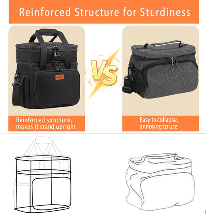 Expandable Insulated Large Lunch Box, Double Deck Heavy Duty Durable Lunch Bag Leakproof Cooler Bags for Men Women Adults Work Shift Flight Beach Daytrip, 20 Can, Black, GLENKEY