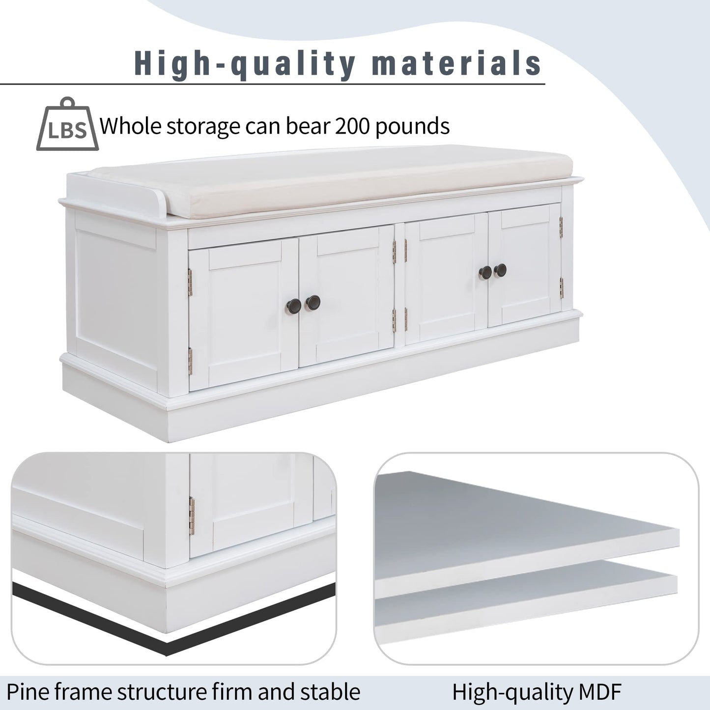 GDFStudio Jasd Storage Bench with 4 Doors and Adjustable Shelves, Removable Cushion Bench Ottoman, Solid Wood Frame Storage Ottoman, Rectangular Cabinet with Seating for Living Room Entryway, White