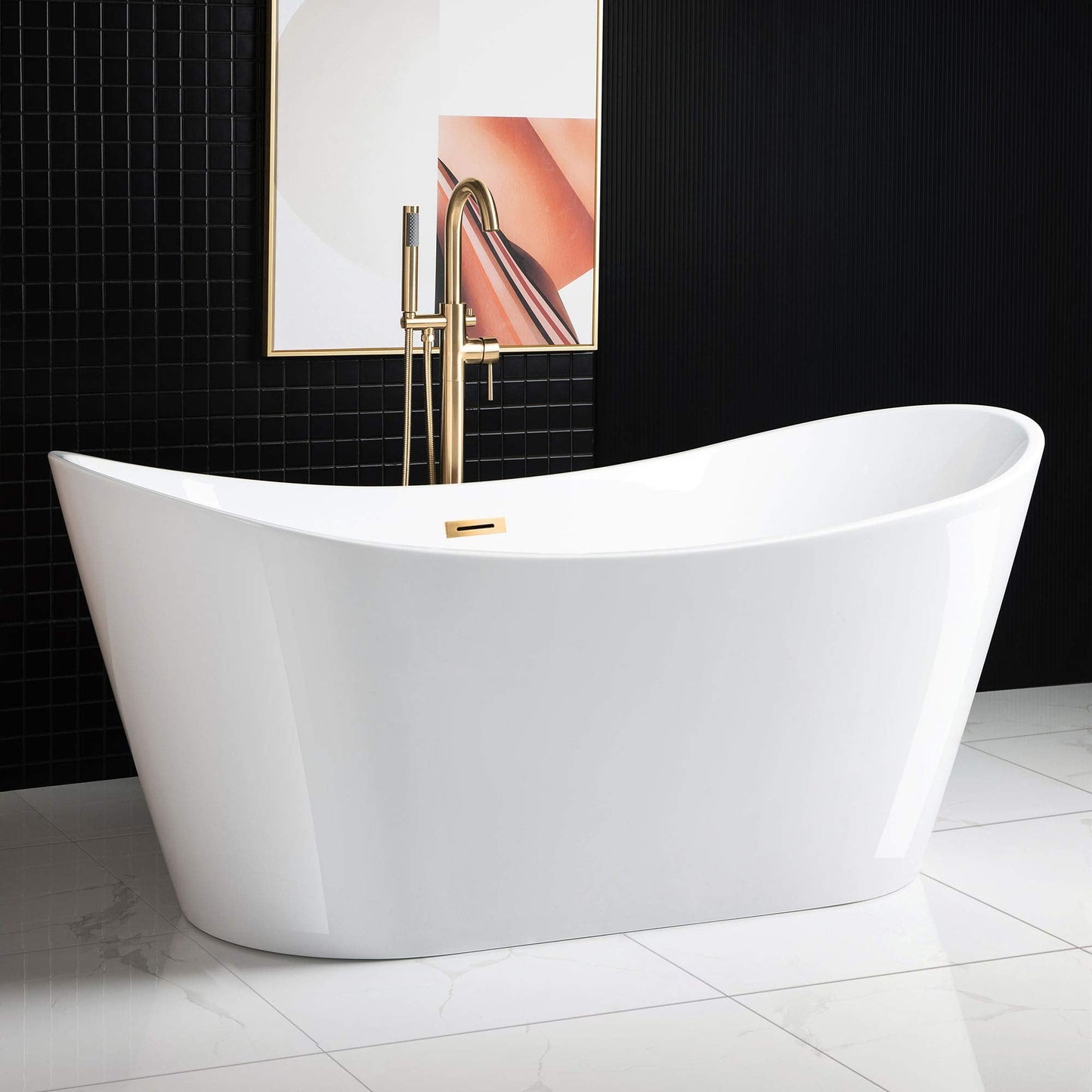 WOODBRIDGE 67" Acrylic Freestanding Bathtub Contemporary Soaking White Tub with Brushed Gold Overflow and Drain,B0010-BG