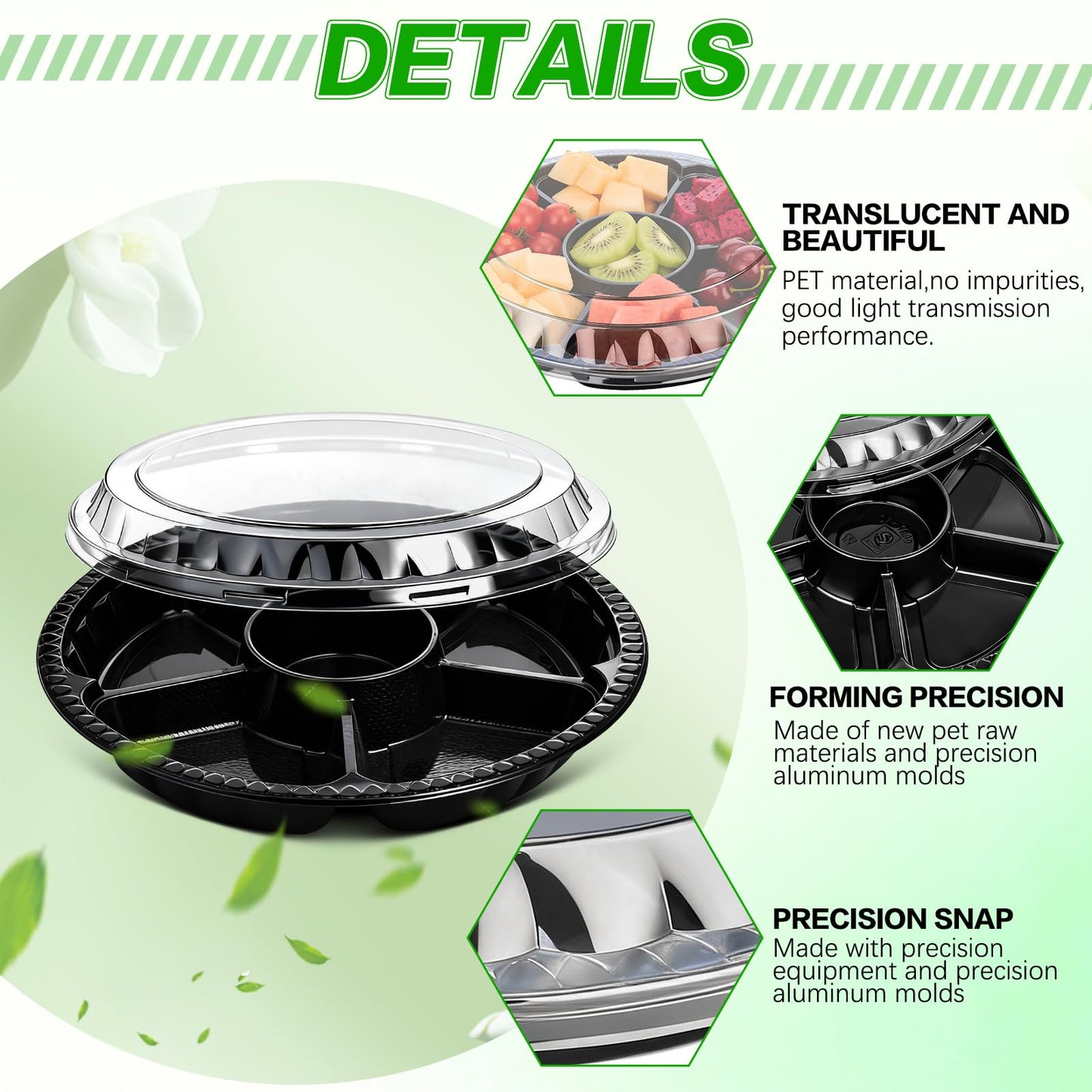 mwellewm 10 Pcs Round Plastic Appetizer Tray with Lid Divided Serving Tray, Disposable Food Storage Containers, Plastic Tray Storage, Kids Snack, Fruit Platter Vegetable Trays for Party and Buffet