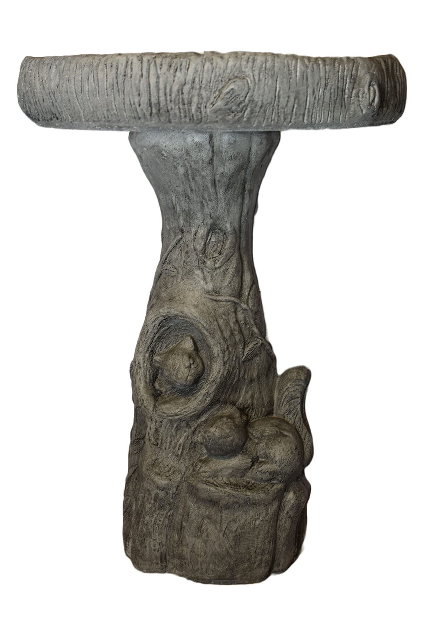 Solid Rock Stoneworks Tiny Fancy Squirrel/Wood Birdbath- Pre Aged- 24" Tall x 17" Dia