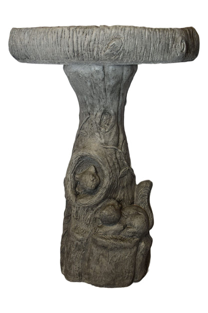 Solid Rock Stoneworks Tiny Fancy Squirrel/Wood Birdbath- Pre Aged- 24" Tall x 17" Dia