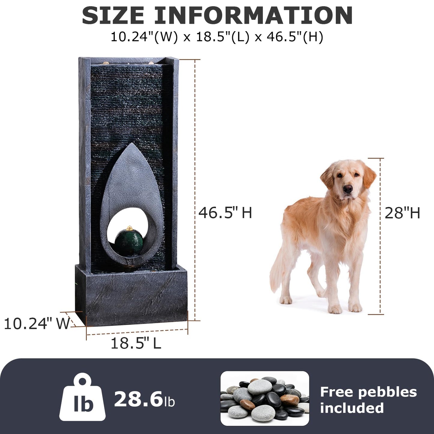 46.5’’Tall Modern Water Fountain Indoor Outdoor Waterfall Feature Floor Standing with Sphere and LED Lights for Garden, Yard, Patio, Deck, Porch, Livingroom Decor