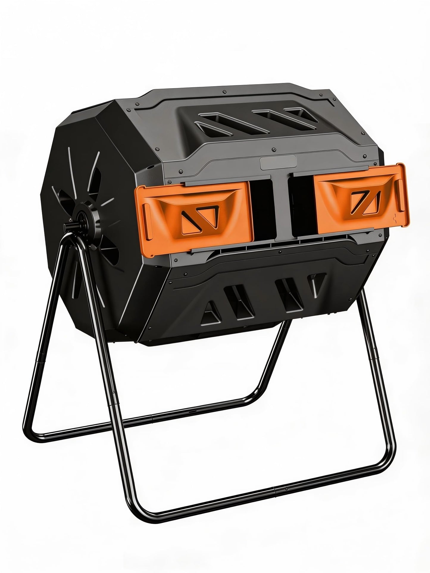 43-Gal Dual Chamber Compost Tumbler Outdoor, 360° Rotating Compost Bin with Steel Frame, Aeration System & 2 Sliding Doors for Kitchen, Garden, Yard - Black Orange