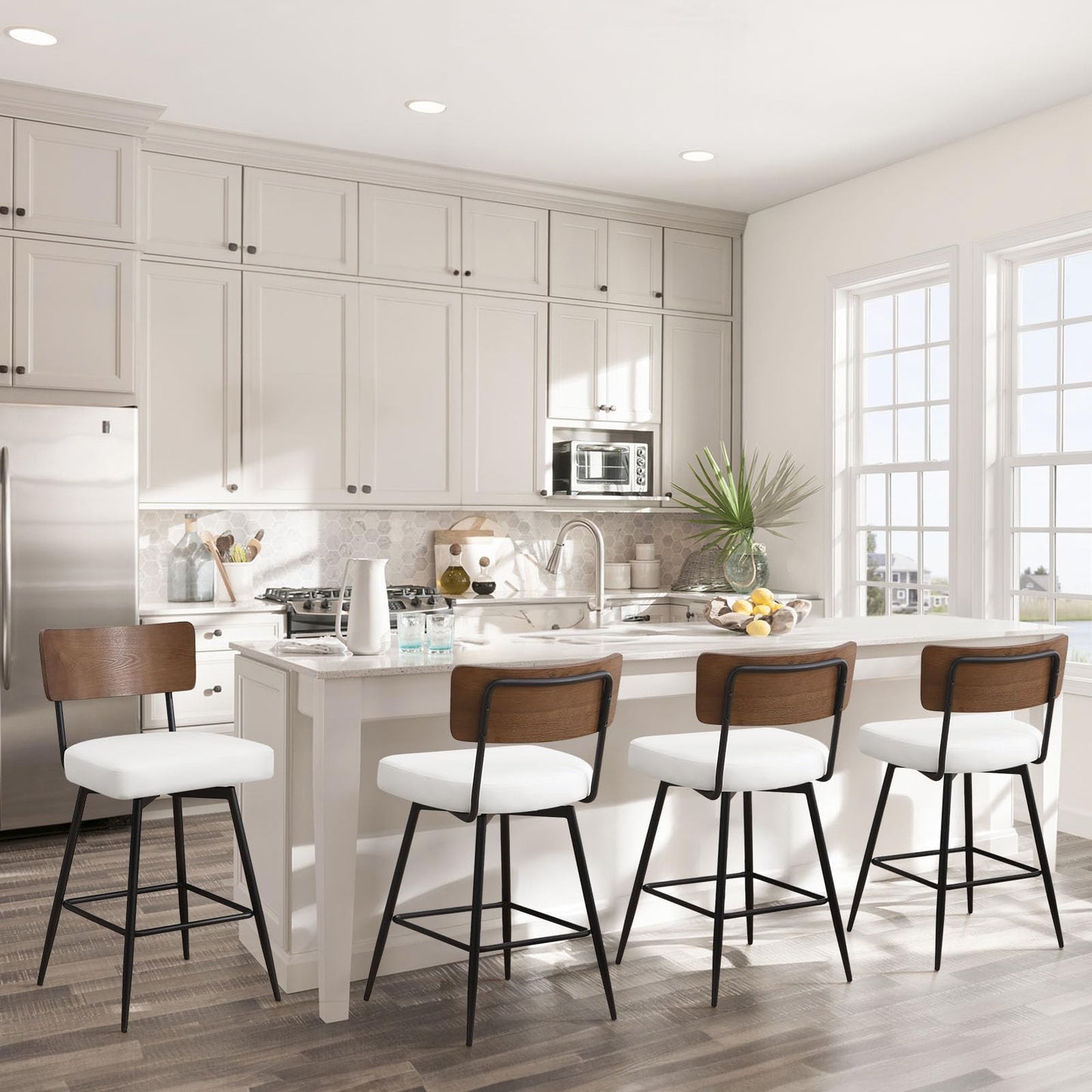 Bekrvio Counter Height Swivel Bar Stools Set of 4, Upholstered Faux Leather Barstools with Wood Backs and Metal Legs, 26" Seat Height Counter Bar Stool for Kitchen Island, White