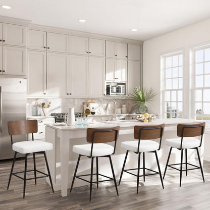 Bekrvio Counter Height Swivel Bar Stools Set of 4, Upholstered Faux Leather Barstools with Wood Backs and Metal Legs, 26" Seat Height Counter Bar Stool for Kitchen Island, White